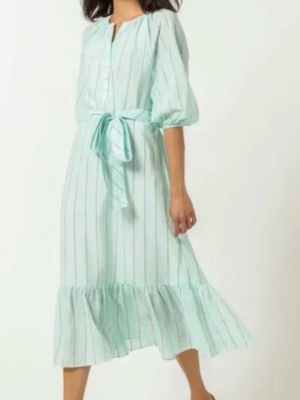 New Lilla P Aqua Stripe Balloon Sleeve Tiered Midi Dress size medium